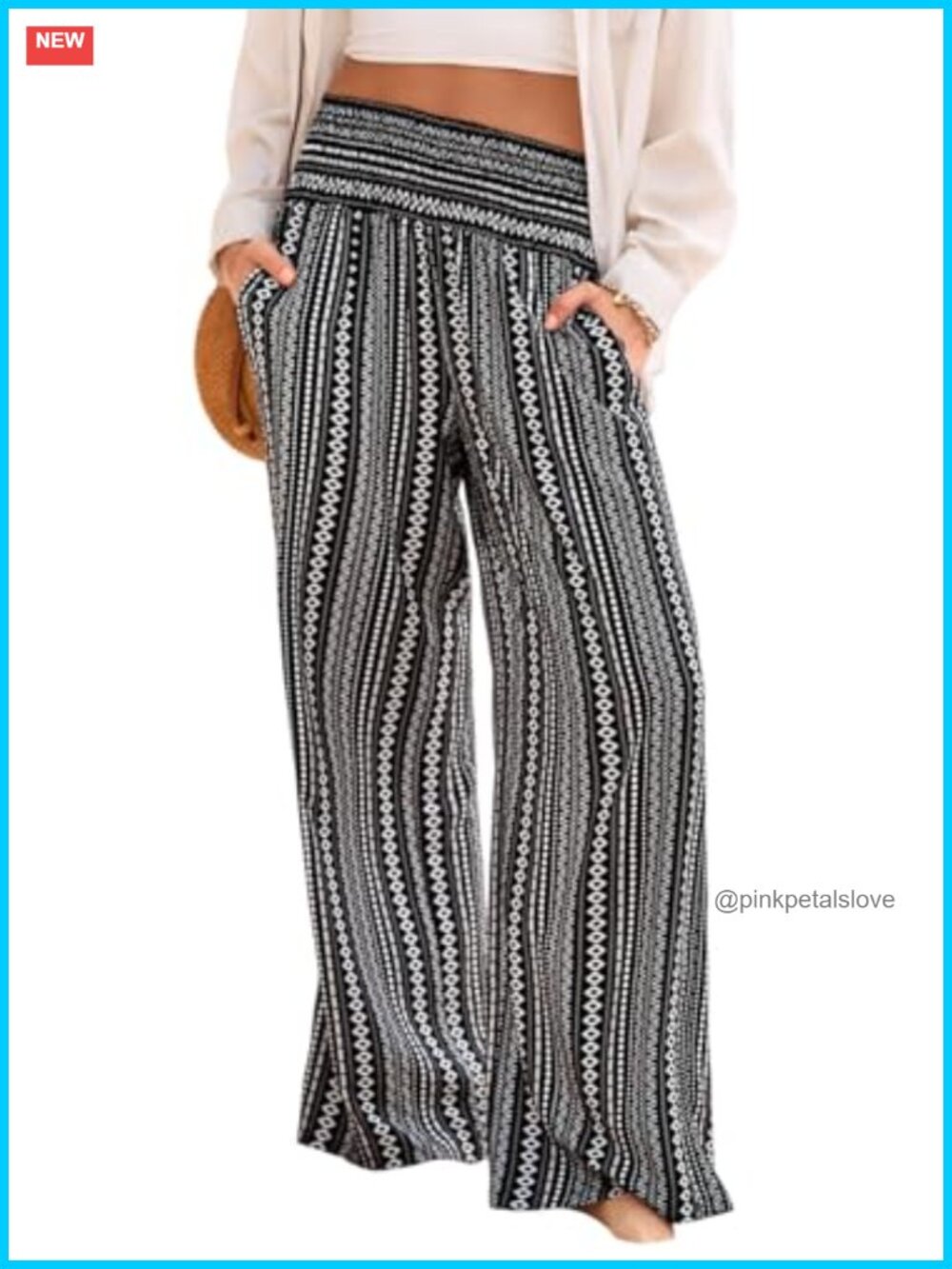 Wide Leg Palazzo Pants with Pockets Smocked Waist Boho Floral